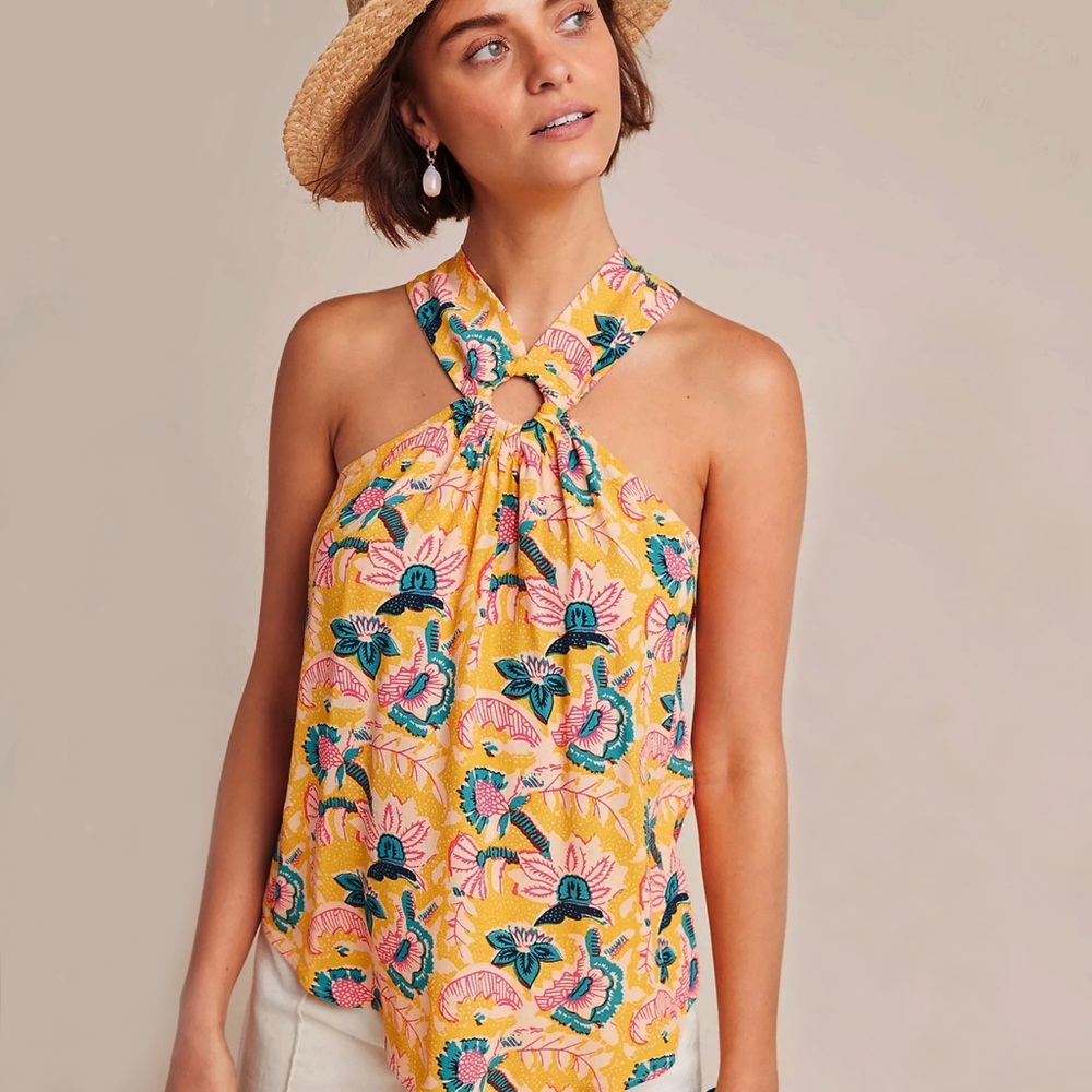 NWT Anthropologie Maeve Mica Sleeveless Halter Top Yellow Gold Size 2 Petite